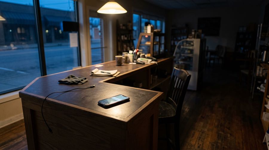 A small business counter after closing, one lamp on, a phone face-up on the counter lit with a message nobody is there to answer.