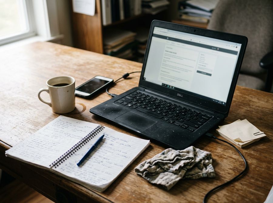 A small business owner's desk in daylight — a laptop open on a plain webpage, a notebook of handwritten notes, a half-drunk coffee and a phone face-down.